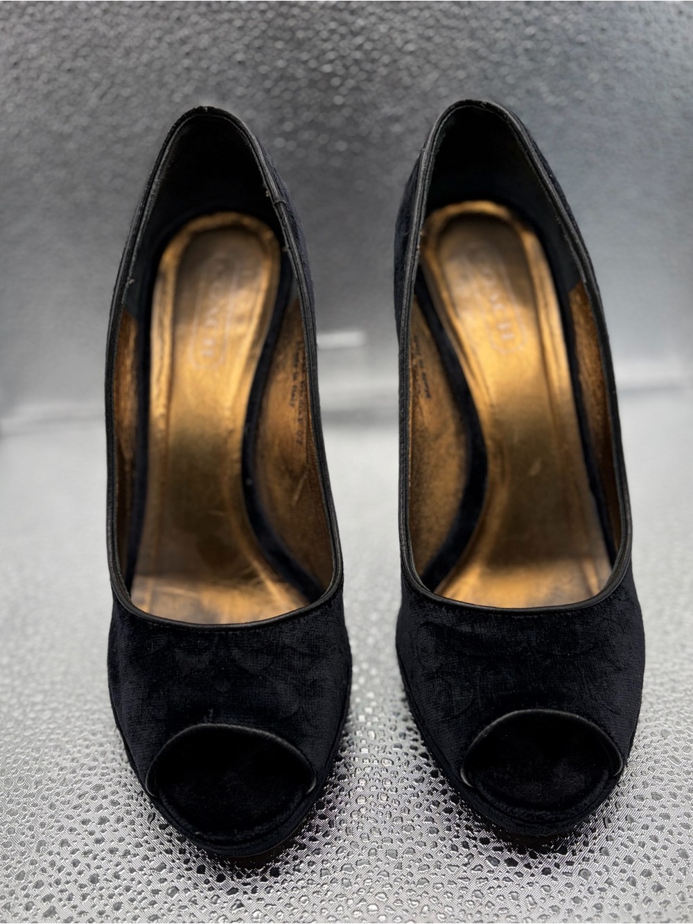Coach Diedra Black Velvet Peep-Toe Heels